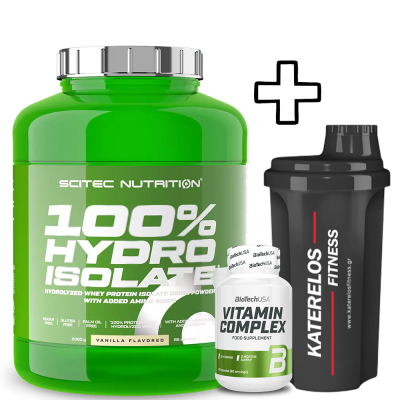    Scitec Nutrition 100% Hydro Isolate 2000g + () Vitamin Complex 60 Caps + Katerelos Fitness Shaker 700ml