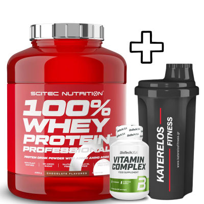 Whey Isolate Scitec Nutrition 100% Whey Protein Professional 2350g + () Vitamin Complex 60 Caps + Katerelos Fitness Shaker 700ml