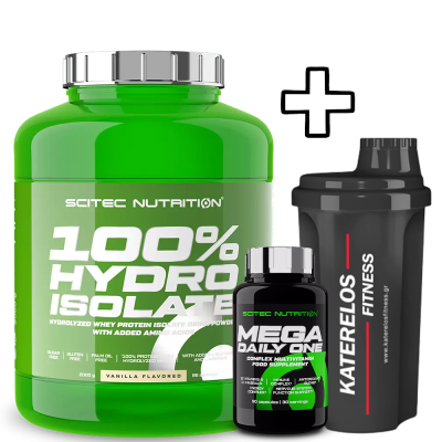Scitec Nutrition 100% Hydro Isolate 2000g + Scitec Nutrition Mega Daily One Plus 60 Caps + (GIFT) Katerelos Fitness Shaker 700ml