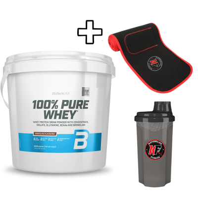 BioTech USA 100% Pure Whey 4000g + Katerelos Fitness Ζώνη Αδυνατίσματος - Εφίδρωσης 130cm x 26.50cm x 5mm + Katerelos Fitness Shaker 700ml