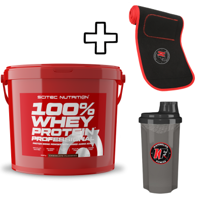 Scitec Nutrition 100% Whey Protein Professional 5000g + Katerelos Fitness Slimming - Sweating Belt 130cm x 26.50cm x 5mm + Katerelos Fitness Shaker 700ml