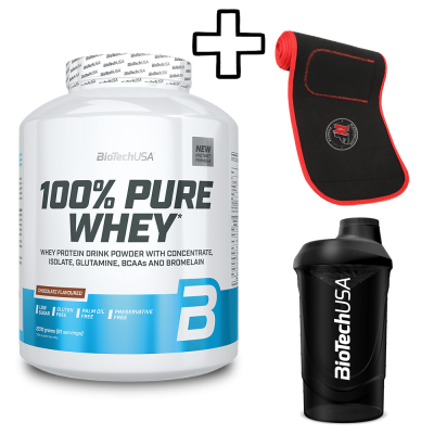 BioTech USA 100% Pure Whey 2270g + Katerelos Fitness Slimming - Sweating Belt 130cm x 26.50cm x 5mm + BioTech USA Wave Shaker 600ml