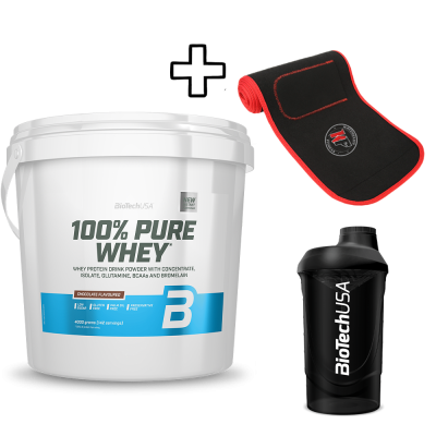 BioTech USA 100% Pure Whey 4000g + Katerelos Fitness Slimming - Sweating Belt 130cm x 26.50cm x 5mm + BioTech USA Wave Shaker 600ml