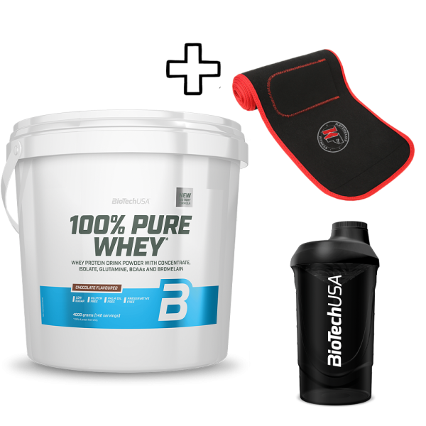 BioTech USA 100% Pure Whey 4000g + Katerelos Fitness Ζώνη Αδυνατίσματος - Εφίδρωσης 130cm x 26.50cm x 5mm + BioTech USA Wave Shaker 600ml