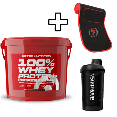 Scitec Nutrition 100% Whey Protein Professional 5000g + Katerelos Fitness Slimming - Sweating Belt 130cm x 26.50cm x 5mm + BioTech USA Wave Shaker 600ml