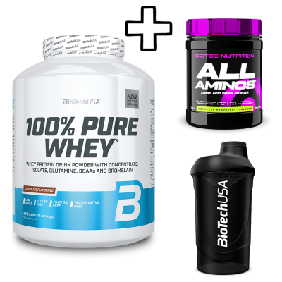 BioTech USA 100% Pure Whey 2270g + Scitec Nutrition All Aminos 340g + BioTech USA Wave Shaker 600ml