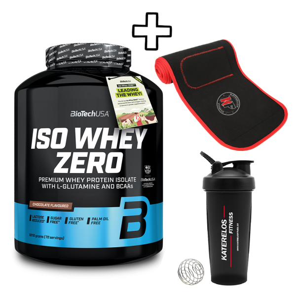BioTech USA Iso Whey Zero 1816g + Katerelos Fitness Ζώνη Αδυνατίσματος - Εφίδρωσης 130cm x 26.50cm x 5mm + Katerelos Fitness Shaker 600ml