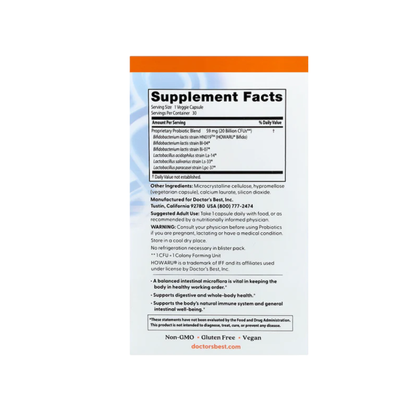 Doctors Best Digestive Probiotic 20 Billion With Howaru 30 VCaps
